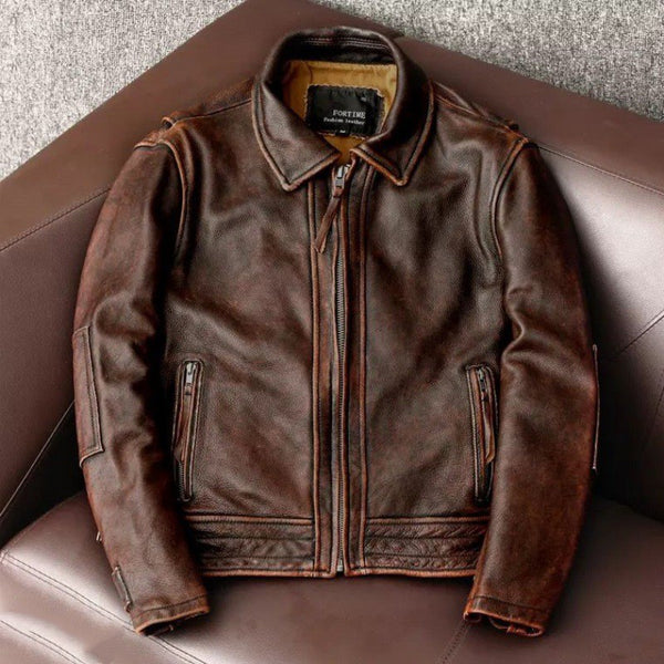 Chaqueta de Cuero Vintage Desgastado para Hombre - Estilo Clásico Intemporalista