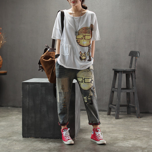 Pantalones Vaqueros Rotos Estampados para Mujer - Noveno - Image 4