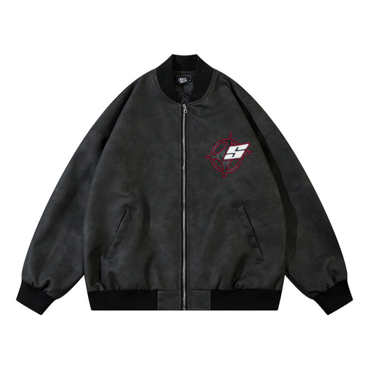 Chaqueta de Cuero PU Suelta con Bordado de Estrella Cruzada