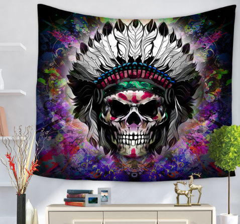 Purple and black tapestry featuring a stylized skull design with glowing orange eyes and intricate patterns, hung on a wall. - Image 7