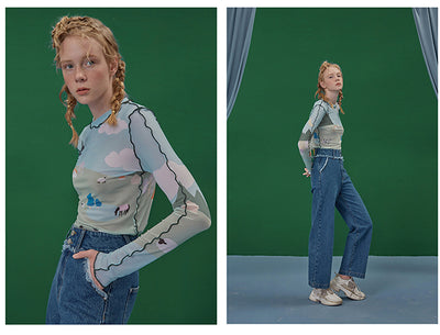 Blusa de Algodón Estampada con Diseño Patchwork y Bajo Texturizado - Image 5