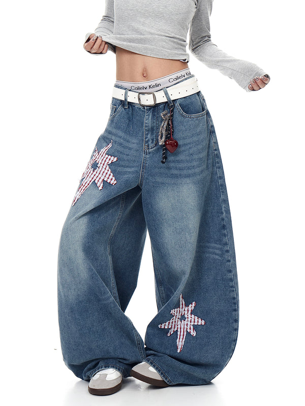 Pantalones Jeans Retro XINGX Parche Machete Pierna Ancha Suelta