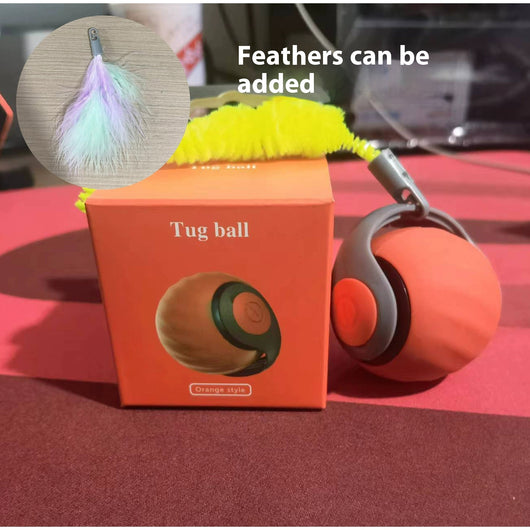 Orange automatic cat toy car with a yellow pipe cleaner attachment, shown next to its orange packaging box. - Image 3