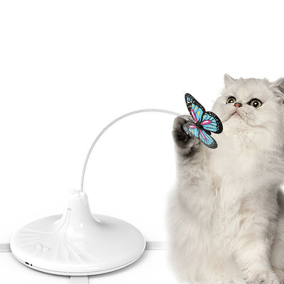 Rechargeable automatic rotating cat toy with a white base, teal paw-shaped feet, and a pink and black butterfly. - Image 5