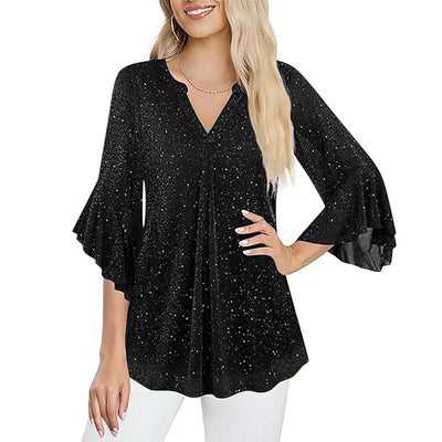 Blusa Suelta de Malla Plateada con Cuello V y Mangas 3/4 Pétalos - Image 20