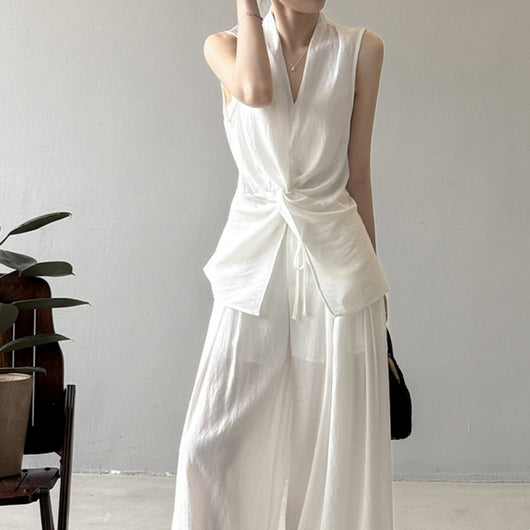 Conjunto Elegante sin Mangas: Blusa Temperamento + Pantalón Ancho Fluido