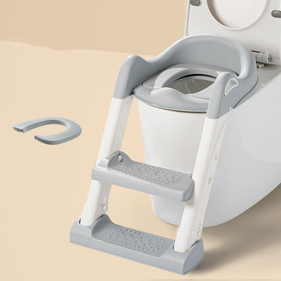Gray and white children's toilet training seat with a two-step ladder, shown on a white adult toilet. - Image 6