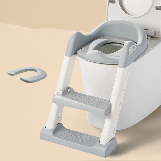 Gray and white children's toilet training seat with a two-step ladder, shown on a white adult toilet. - Image 6