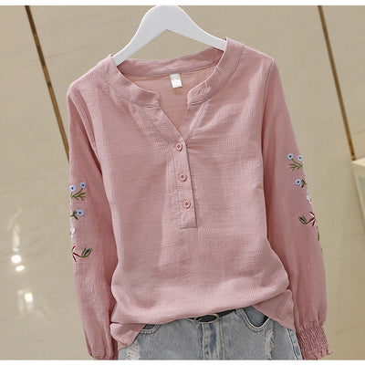 Blusa de Algodón con Escote V y Bordado Plisado Manga Larga - Image 12