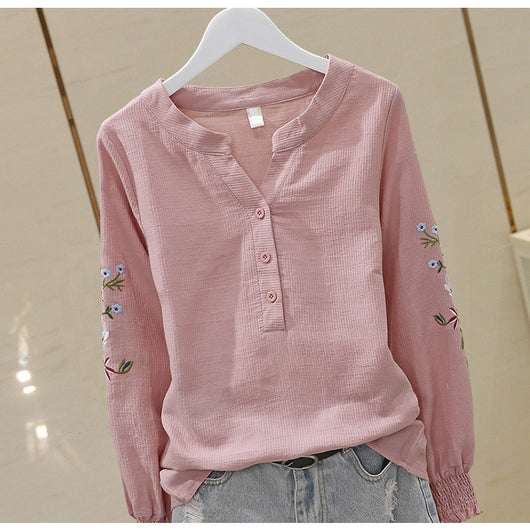 Blusa de Algodón con Escote V y Bordado Plisado Manga Larga - Image 12