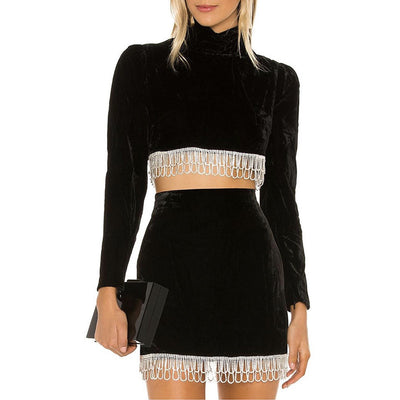 Blusa Ante Cuello Alto con Flecos y Falda Cadera - Image 16
