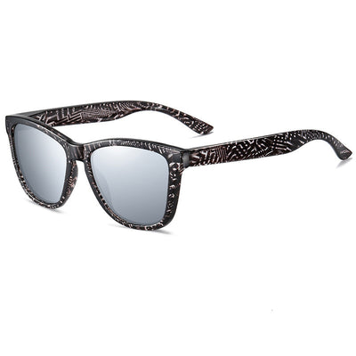 Universal polarized retro square sunglasses with a multi-color camouflage pattern frame and dark lenses. - Image 3
