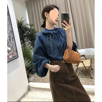 Camisa Denim Retro Suelta con Cuello y Cordones para Mujer - Image 6