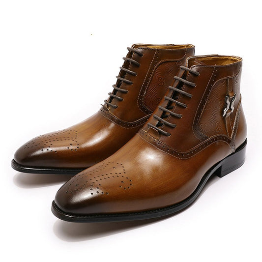 Botas de Cuero para Hombre con Punta Afilada y Cordones Frontales