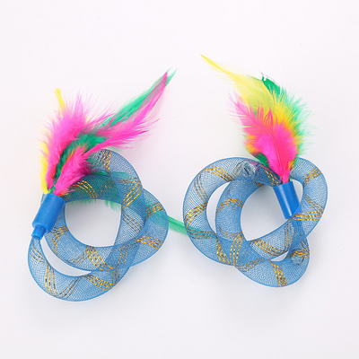 Two blue mesh cat toys with intertwined rings and colorful pink, green, and yellow feathers. - Image 10