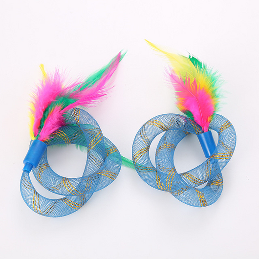 Two blue mesh cat toys with intertwined rings and colorful pink, green, and yellow feathers. - Image 10