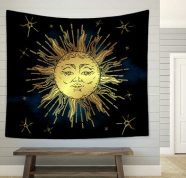Bohemian sun and moon tapestry with a celestial pattern of golden suns and crescent moons on a dark blue background. - Image 2