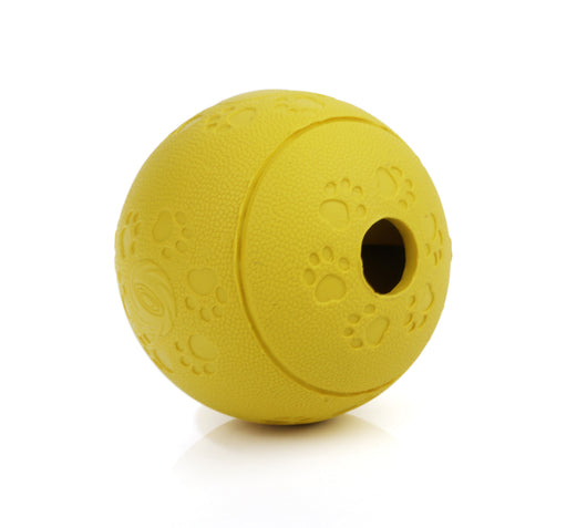Red TPR dog leaking food ball with paw print patterns and a treat dispensing hole. - Image 7