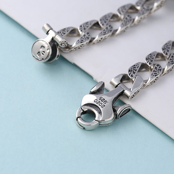 Pulsera de Plata Esterlina para Hombre con Calavera Giratoria y Patrón Retro