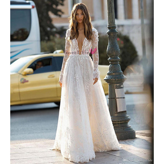 Vestido de Novia Elegante con Mangas de Encaje para Cena y Eventos - Image 3