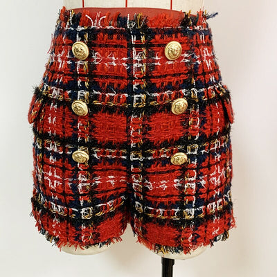 Shorts Tweed Cuadros Rojo y Negro con Botones - Image 4