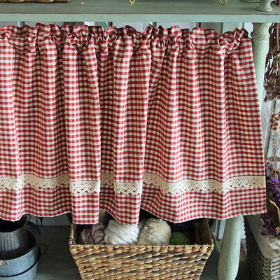 Red and white gingham kitchen or bathroom curtain with a white lace ruffled bottom, designed for rod suspension. - Image 5