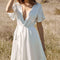 Vestido Blanco Largo Escote V Patchwork Manga Corta