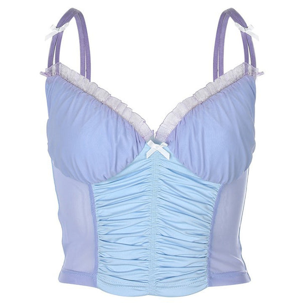 Camiseta de Malla Plisada con Moño y Escote en V