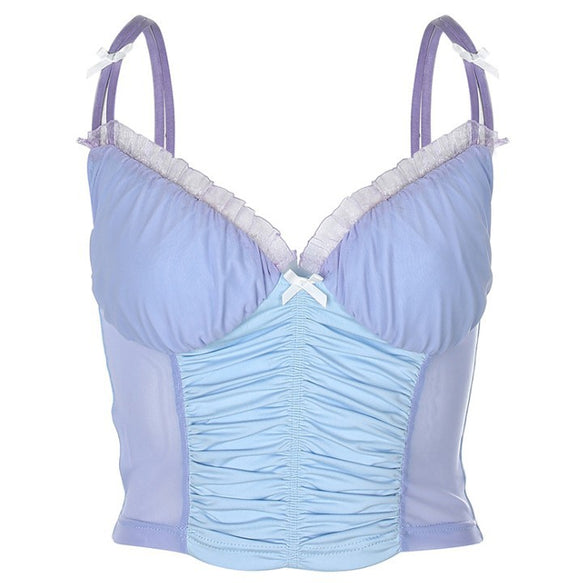 Camiseta de Malla Plisada con Moño y Escote en V