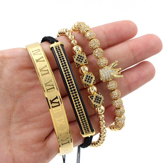 Pulsera de Acero Inoxidable con Perlas de Cobre y Diamantes - Set de 4 Piezas