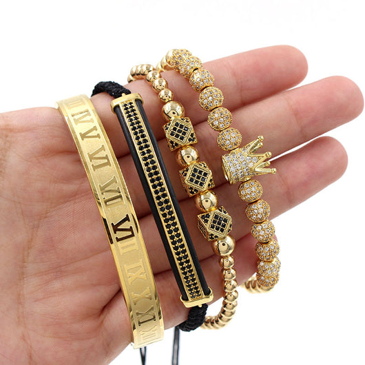 Pulsera de Acero Inoxidable con Perlas de Cobre y Diamantes - Set de 4 Piezas