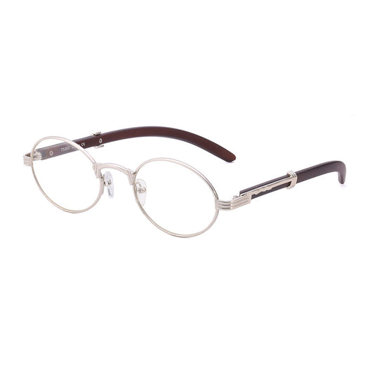 Retro oval sunglasses with gold metal frames and dark wood-like temples, featuring gradient black lenses. - Image 6