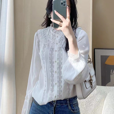 Blusa Elegante de Encaje Manga Larga Cuello Redondo Blanco - Image 6