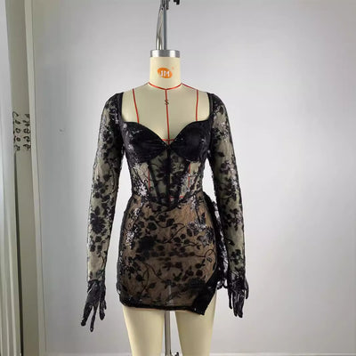Vestido Ajustado Mini con Cuello Cuadrado y Encaje Espina de Pescado Negro - Image 2