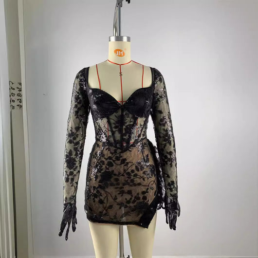 Vestido Ajustado Mini con Cuello Cuadrado y Encaje Espina de Pescado Negro - Image 2