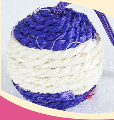 Four sisal ball cat toys with colorful feathers in pink, purple, blue, and teal stripes, for playing and grinding claws. - Image 5