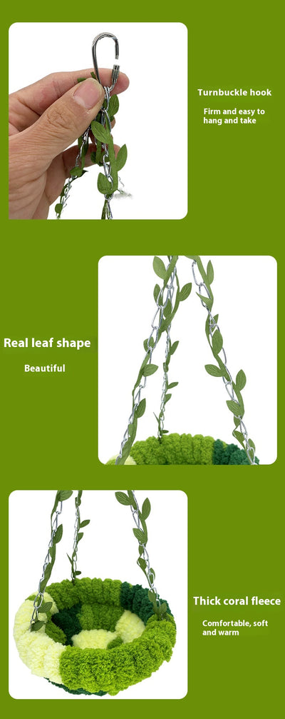 Small forest style plush bird hammock in green and yellow, hanging from a chain with artificial leaves. - Image 13