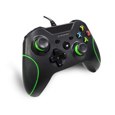 Black wired USB game controller with green accents, two joysticks, and ABXY buttons, shown with USB, USB-C, and micro-USB adapters. - Image 12