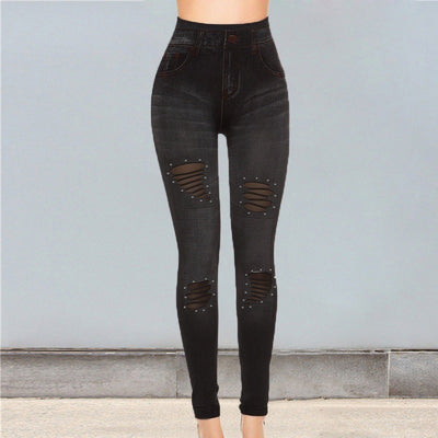 Leggins Denim Elásticos con Detalles de Malla y Perlas - Image 6