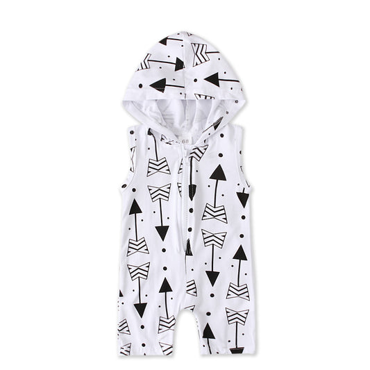 Enterizo Infantil Verano con Capucha, Estampado de Flechas Gris y Blanco