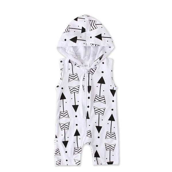 Enterizo Infantil Verano con Capucha, Estampado de Flechas Gris y Blanco