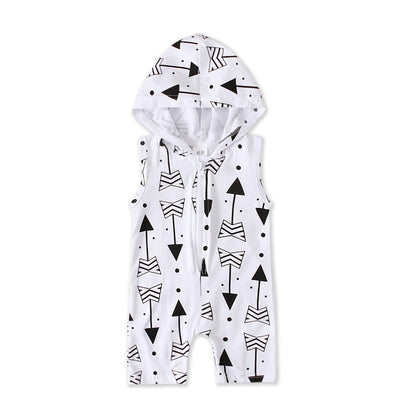Enterizo Infantil Verano con Capucha, Estampado de Flechas Gris y Blanco