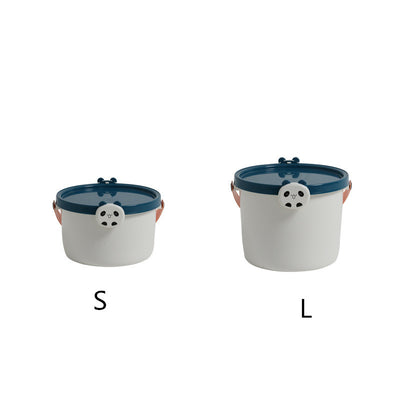 Two plastic storage buckets, one small and one large, with light blue bodies and orange lids featuring cartoon reindeer faces. - Image 19