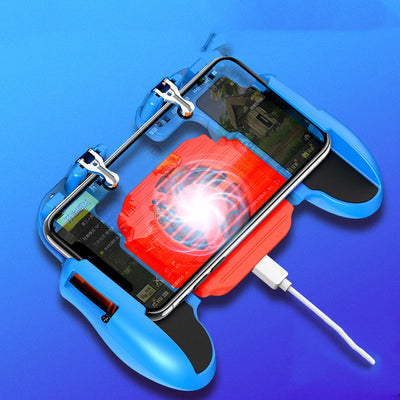 Red and blue smartphone game controller grip with integrated cooling fan and metal trigger buttons, connected to a white USB cable. - Image 15
