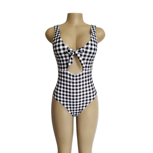 Traje de baño enterizo para mujer con estampado cuadros - Image 10