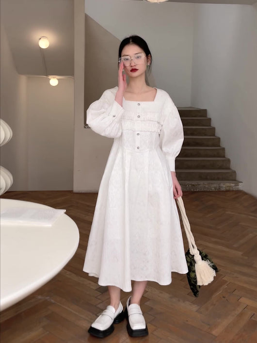 Vestido Midi Cuello Cuadrado con Mangas Globo - Corte A Elegante para Mujer