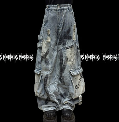 Pantalón Vaquero Ancho Rotos con Bolsillos Múltiples Estilo Urbano Graffiti - Image 4