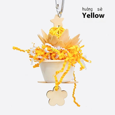 Blue parrot flower clump bite toy with shredded paper, wooden pieces, and a hanging metal clip. - Image 4