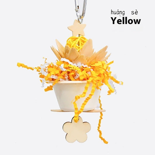 Blue parrot flower clump bite toy with shredded paper, wooden pieces, and a hanging metal clip. - Image 4