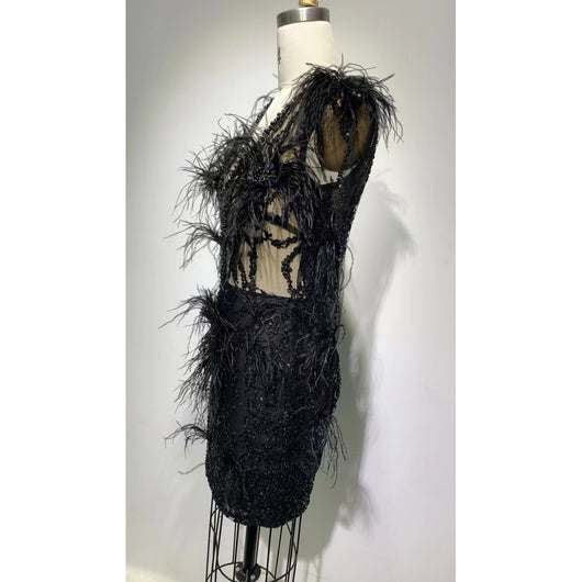 Vestido Casual de Malla con Lentejuelas y Plumas de Manga Larga - Image 13